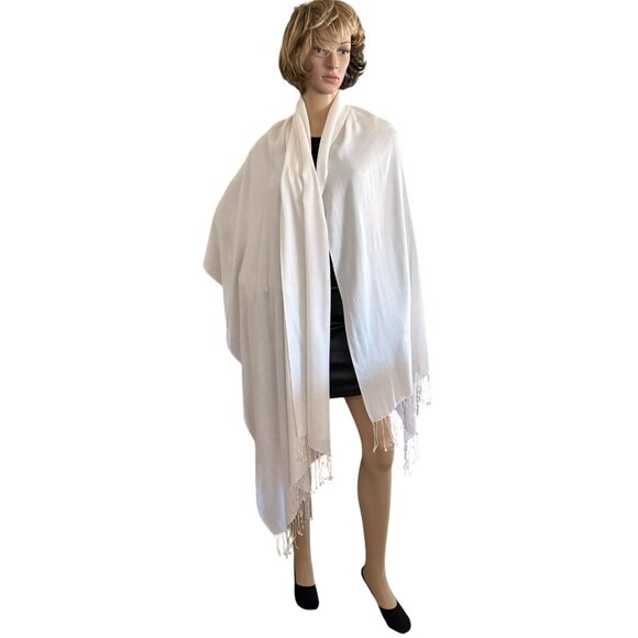 White Lightweight Elegant Pashmina Shawl Wrap Scarf With Fringe For Women - Picture 4 of 8